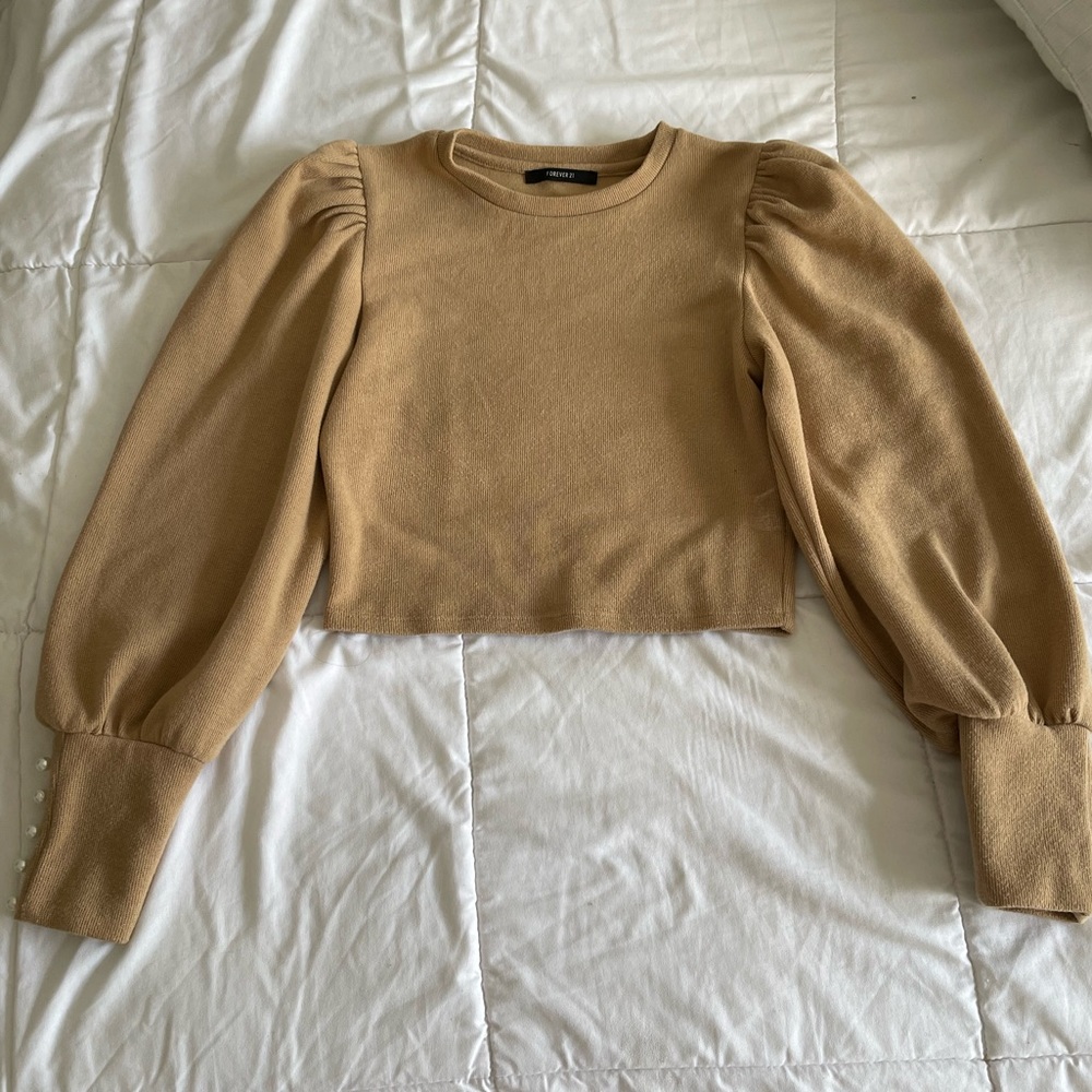 Caramel-colored Long Sleeve Top, with puff sleeves and pearl details.